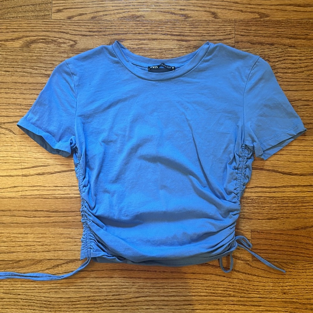 Zara Blue Cotton Ruched Drawstring Top - Picture 2 of 7